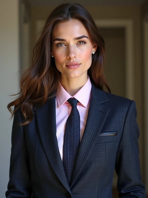 if(gender=m){handsome and stylish} model wearing a classic navy herringbone suit with a light pink dress shirt and a polka dot tie