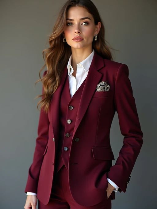 if(gender=m){handsome and stylish} model trying on a stylish three-piece suit in a rich burgundy color with a crisp white shirt and a paisley patterned pocket square