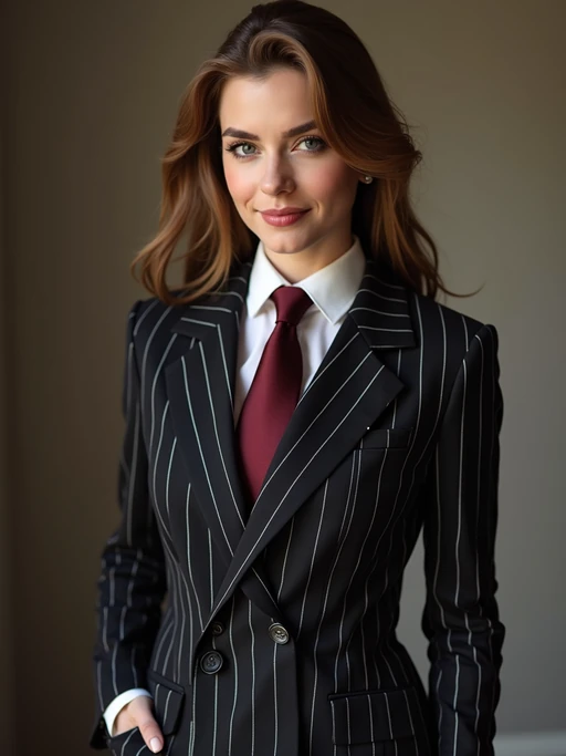 if(gender=m){handsome and stylish} model trying on a sophisticated pinstripe suit with a waistcoat and a burgundy tie