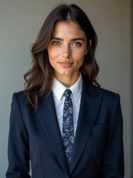 if(gender=m){handsome and stylish} model wearing a classic navy blue suit with a crisp white dress shirt and a patterned tie