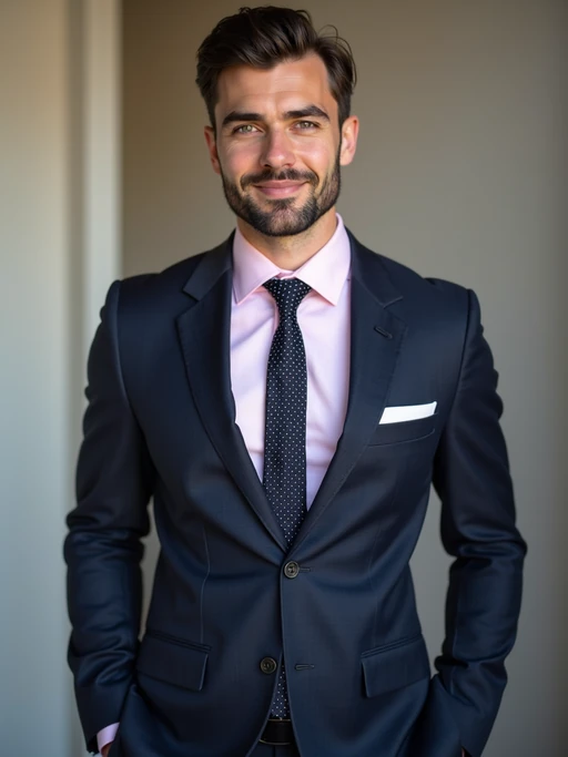 if(gender=m){handsome and stylish} model wearing a classic navy herringbone suit with a light pink dress shirt and a polka dot tie