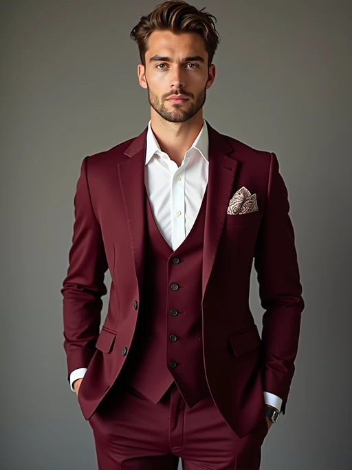 if(gender=m){handsome and stylish} model trying on a stylish three-piece suit in a rich burgundy color with a crisp white shirt and a paisley patterned pocket square