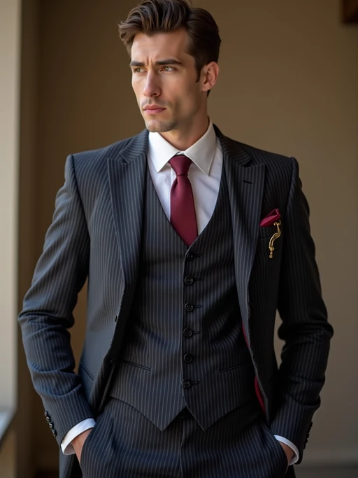 if(gender=m){handsome and stylish} model trying on a sophisticated pinstripe suit with a waistcoat and a burgundy tie