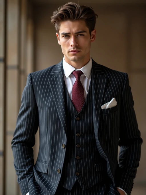 if(gender=m){handsome and stylish} model trying on a sophisticated pinstripe suit with a waistcoat and a burgundy tie