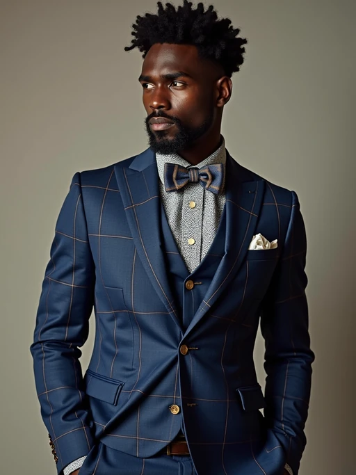 if(gender=m){handsome and stylish} model showcasing a unique windowpane check suit in a navy blue color with a patterned shirt and a contrasting bow tie