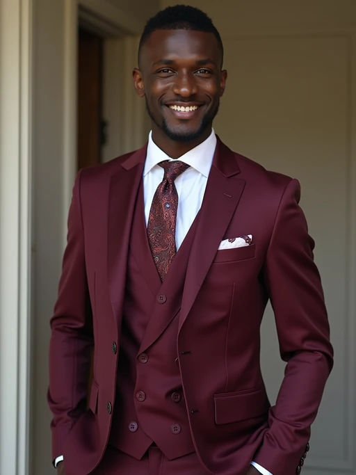 if(gender=m){handsome and stylish} model trying on a stylish three-piece suit in a rich burgundy color with a crisp white shirt and a paisley patterned pocket square