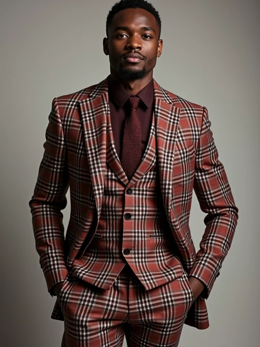 if(gender=m){handsome and stylish} model showcasing a dappersuit in a bold plaid pattern with a solid-colored shirt and a knitted tie
