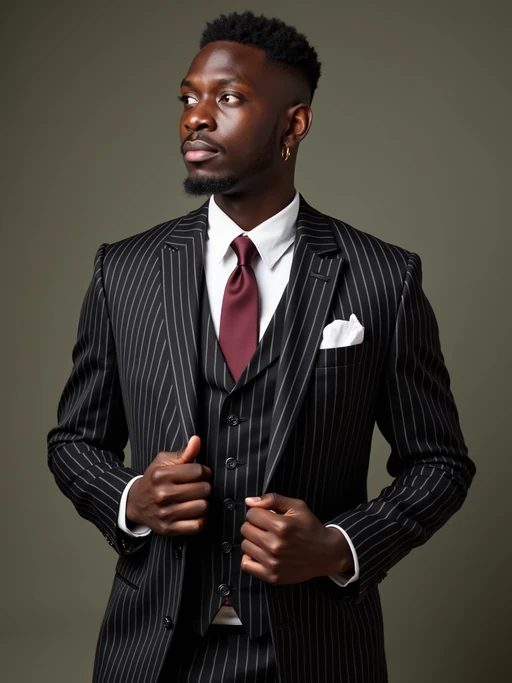 if(gender=m){handsome and stylish} model trying on a sophisticated pinstripe suit with a waistcoat and a burgundy tie