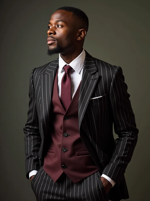 if(gender=m){handsome and stylish} model trying on a sophisticated pinstripe suit with a waistcoat and a burgundy tie