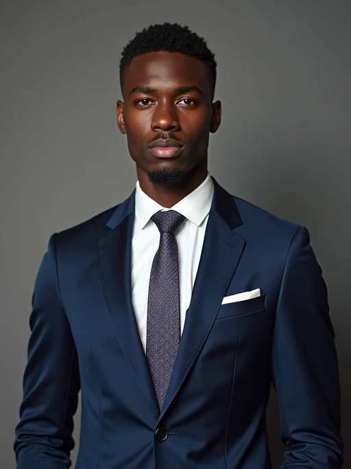if(gender=m){handsome and stylish} model wearing a classic navy blue suit with a crisp white dress shirt and a patterned tie