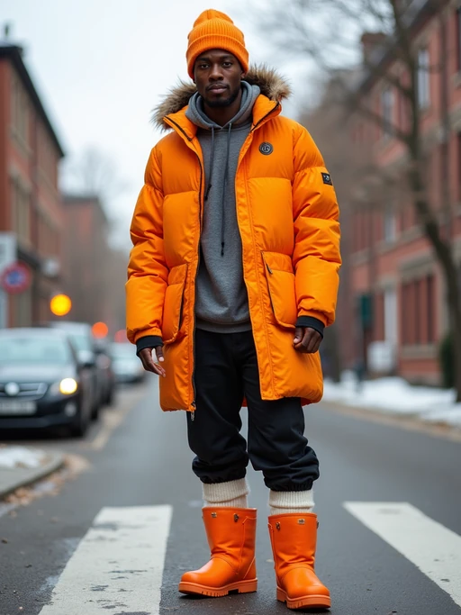 model wearing gorpcore aesthetic, functional outdoor clothing, bright colored puffer jacket, moonboots, beanie, white wool socks, outerwear, posing for photo in the street