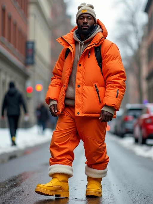 model wearing gorpcore aesthetic, functional outdoor clothing, bright colored puffer jacket, moonboots, beanie, white wool socks, outerwear, posing for photo in the street