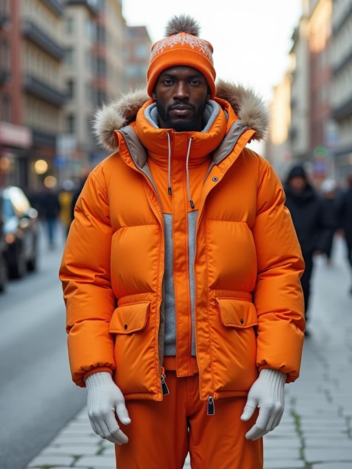 model wearing gorpcore aesthetic, functional outdoor clothing, bright colored puffer jacket, moonboots, beanie, white wool socks, outerwear, posing for photo in the street