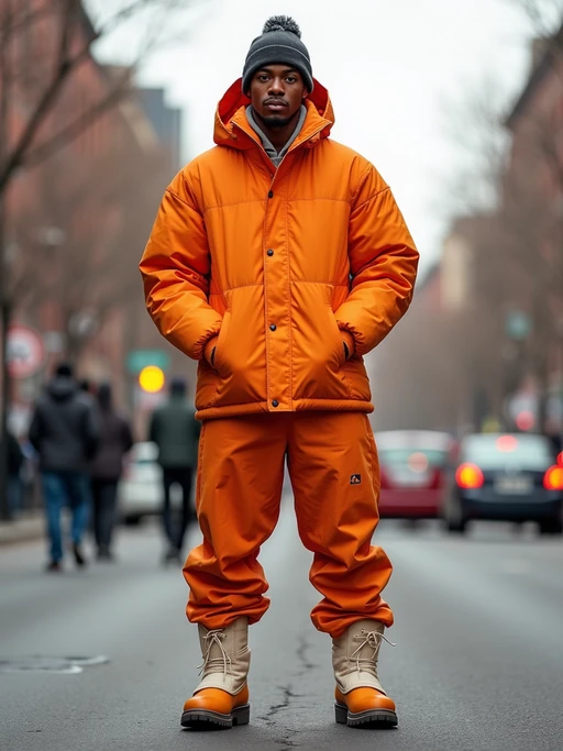 model wearing gorpcore aesthetic, functional outdoor clothing, bright colored puffer jacket, moonboots, beanie, white wool socks, outerwear, posing for photo in the street