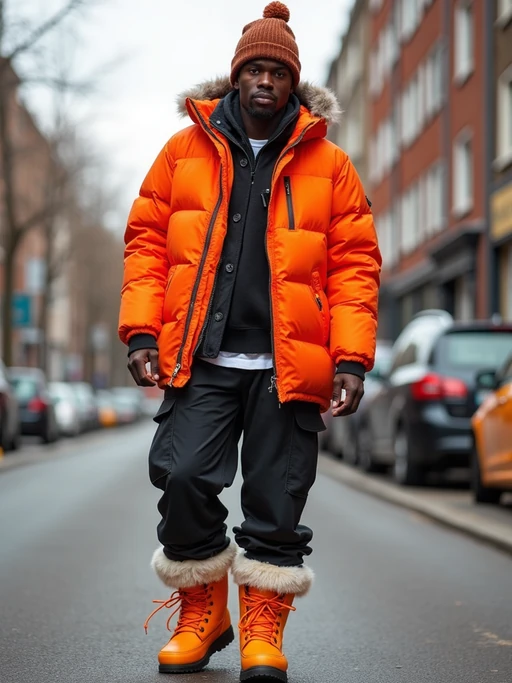 model wearing gorpcore aesthetic, functional outdoor clothing, bright colored puffer jacket, moonboots, beanie, white wool socks, outerwear, posing for photo in the street