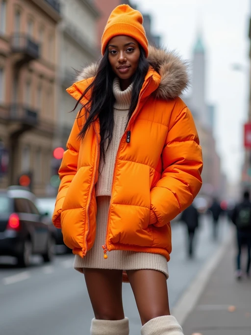 model wearing gorpcore aesthetic, functional outdoor clothing, bright colored puffer jacket, moonboots, beanie, white wool socks, outerwear, posing for photo in the street