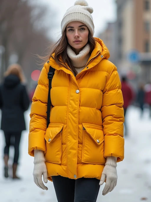 model wearing gorpcore aesthetic, functional outdoor clothing, bright colored puffer jacket, moonboots, beanie, white wool socks, outerwear, posing for photo in the street