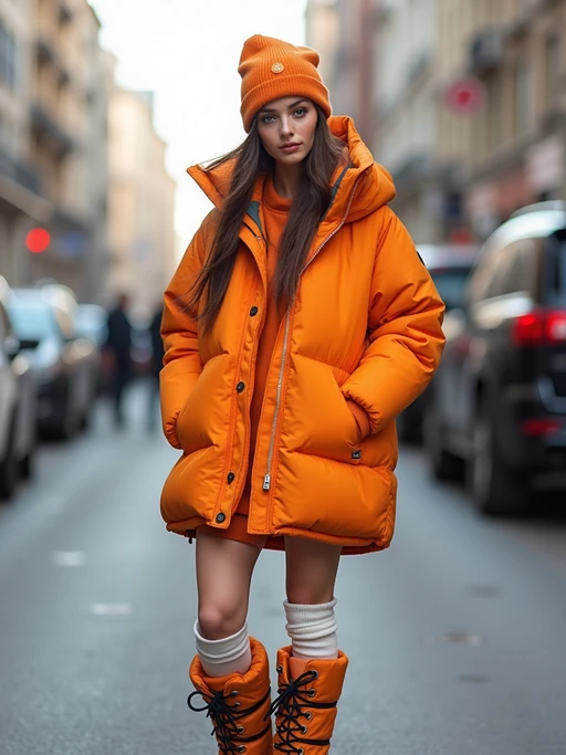 model wearing gorpcore aesthetic, functional outdoor clothing, bright colored puffer jacket, moonboots, beanie, white wool socks, outerwear, posing for photo in the street