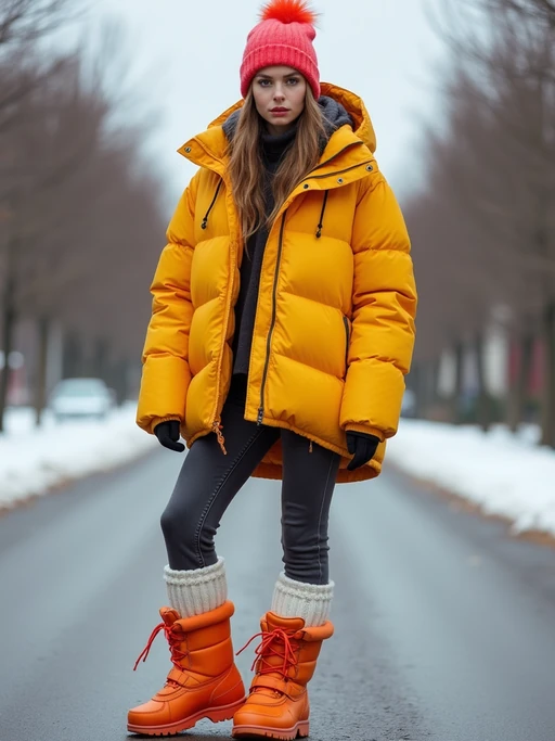 model wearing gorpcore aesthetic, functional outdoor clothing, bright colored puffer jacket, moonboots, beanie, white wool socks, outerwear, posing for photo in the street
