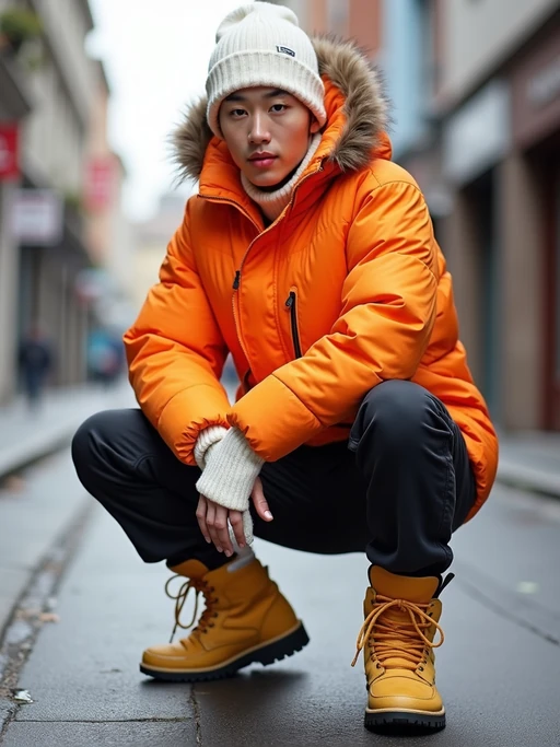 model wearing gorpcore aesthetic, functional outdoor clothing, bright colored puffer jacket, moonboots, beanie, white wool socks, outerwear, posing for photo in the street