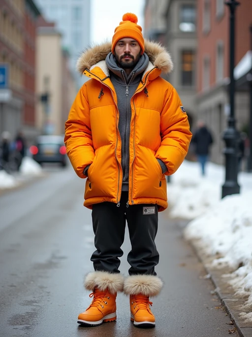 model wearing gorpcore aesthetic, functional outdoor clothing, bright colored puffer jacket, moonboots, beanie, white wool socks, outerwear, posing for photo in the street