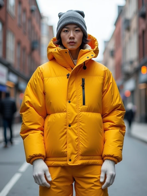 model wearing gorpcore aesthetic, functional outdoor clothing, bright colored puffer jacket, moonboots, beanie, white wool socks, outerwear, posing for photo in the street