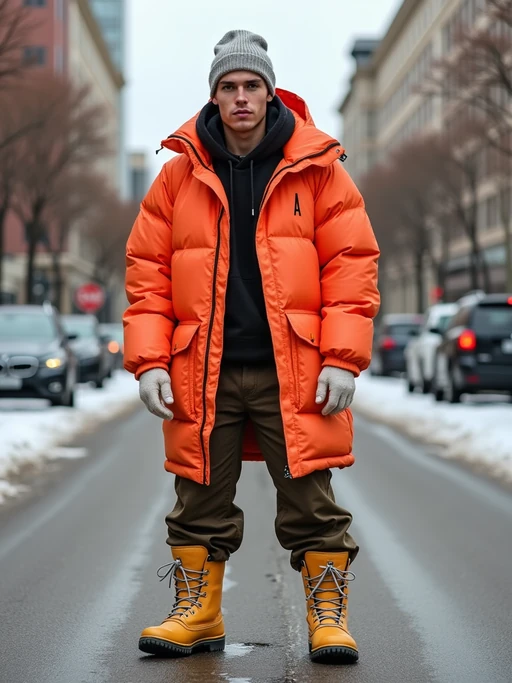 model wearing gorpcore aesthetic, functional outdoor clothing, bright colored puffer jacket, moonboots, beanie, white wool socks, outerwear, posing for photo in the street