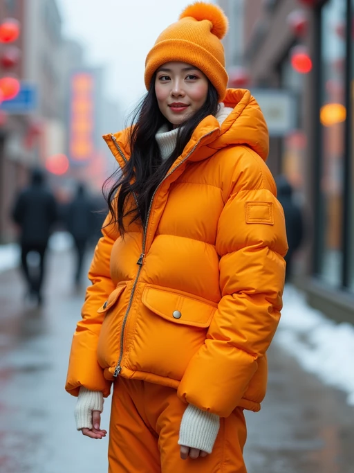 model wearing gorpcore aesthetic, functional outdoor clothing, bright colored puffer jacket, moonboots, beanie, white wool socks, outerwear, posing for photo in the street