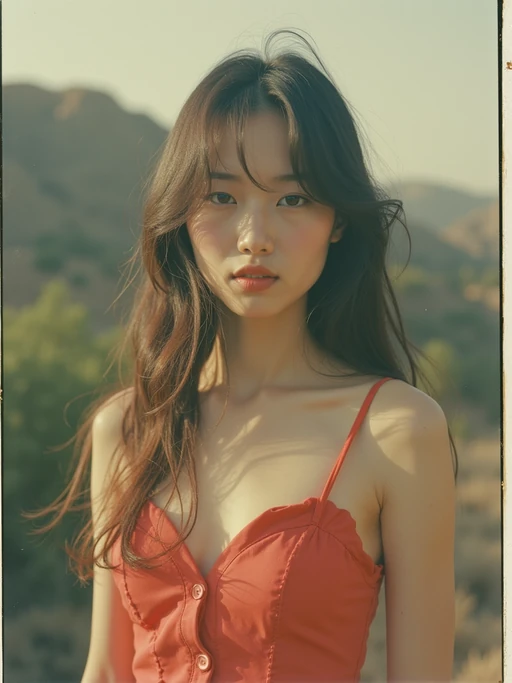model in polaroid classic photograph posing for photo outside