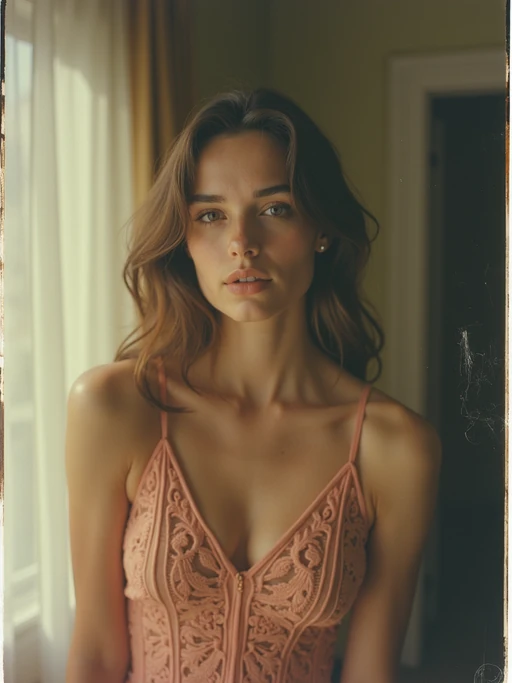 model in polaroid classic photograph posing for photo indoors