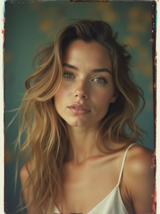model in polaroid classic photograph posing for photo indoors