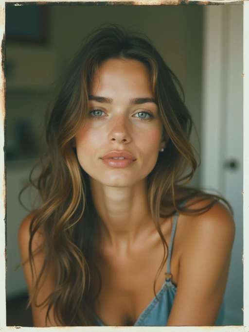 model in polaroid classic photograph posing for photo indoors