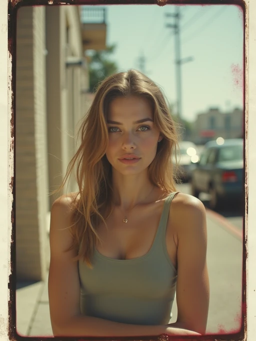 model in polaroid classic photograph posing for photo outside