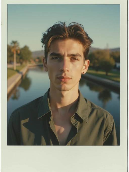 model in polaroid classic photograph posing for photo outside
