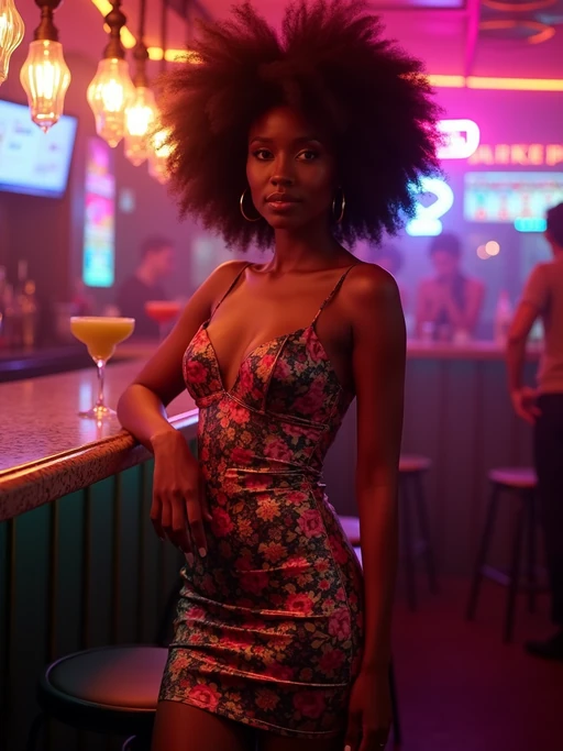 model if(gender=f){hourglass figure}, if(gender=m){fit body} in floral silk if(gender=f){bodycon dress} if(gender=m){swim shorts and shirtless} at cocktail bar with neon lights