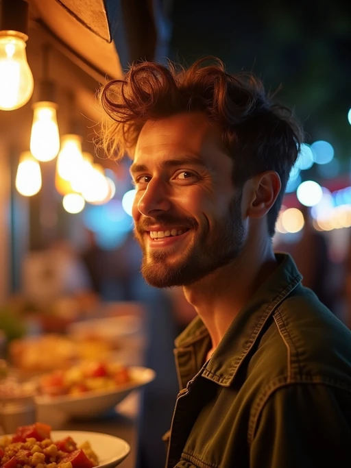 model at a pop-up food market at night, combining the love for street food with nightlife