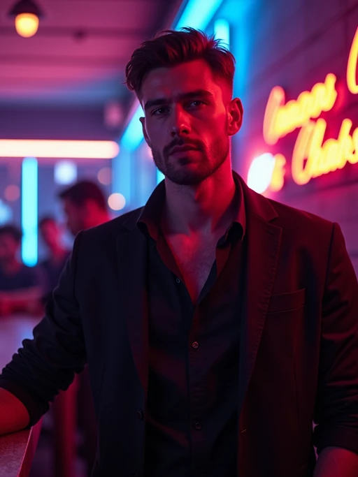 model wearing if(gender=f){mini skirt} if(gender=m){smart casual} in night club with neon lights