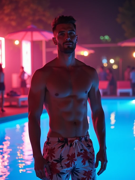 model if(gender=f){with hourglass figure}, if(gender=m){fit body} in floral silk if(gender=f){bodycon dress} if(gender=m){swim shorts and shirtless} at pool party with neon lights