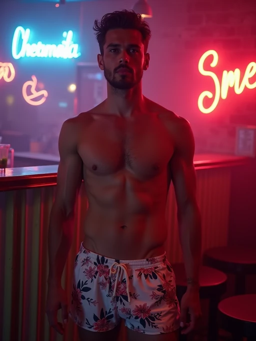 model if(gender=f){hourglass figure}, if(gender=m){fit body} in floral silk if(gender=f){bodycon dress} if(gender=m){swim shorts and shirtless} at cocktail bar with neon lights