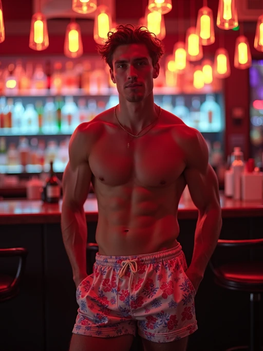 model if(gender=f){hourglass figure}, if(gender=m){fit body} in floral silk if(gender=f){bodycon dress} if(gender=m){swim shorts and shirtless} at cocktail bar with neon lights