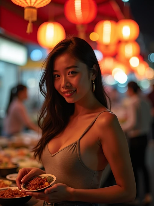 model at a pop-up food market at night, combining the love for street food with nightlife