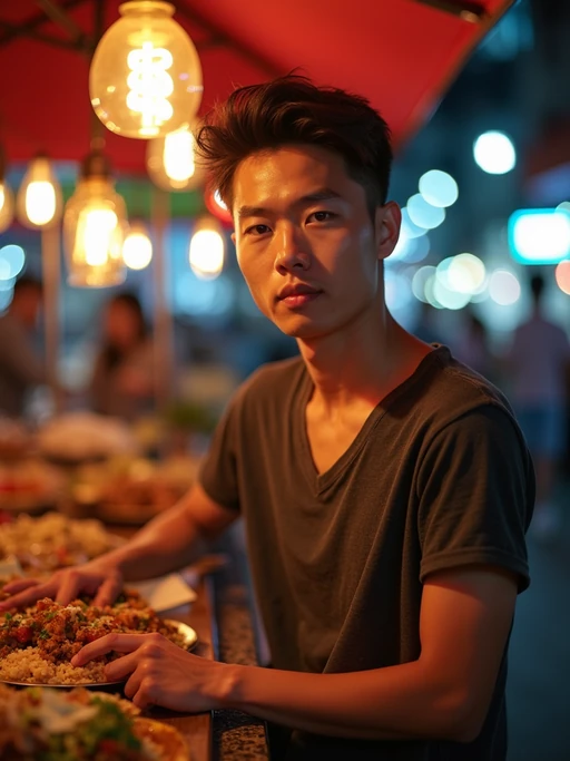 model at a pop-up food market at night, combining the love for street food with nightlife