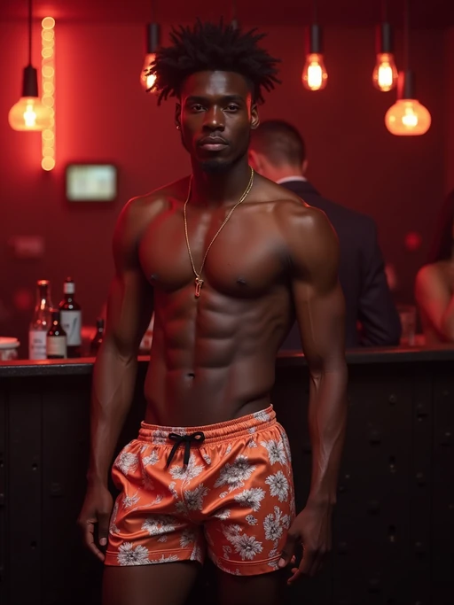 a model wearing if(gender=f){silk floral skin tight bodycon dress} if(gender=m){silk floral swim shorts} in night club, instagram photo, instagram, if(gender=f){hourglass figure}, if(gender=m){fit body}