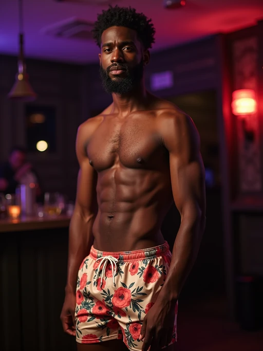 a model wearing if(gender=f){silk floral skin tight bodycon dress} if(gender=m){silk floral swim shorts} in night club, instagram photo, instagram, if(gender=f){hourglass figure}, if(gender=m){fit body}