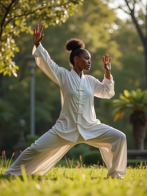 model practicing Tai Chi in a serene garden