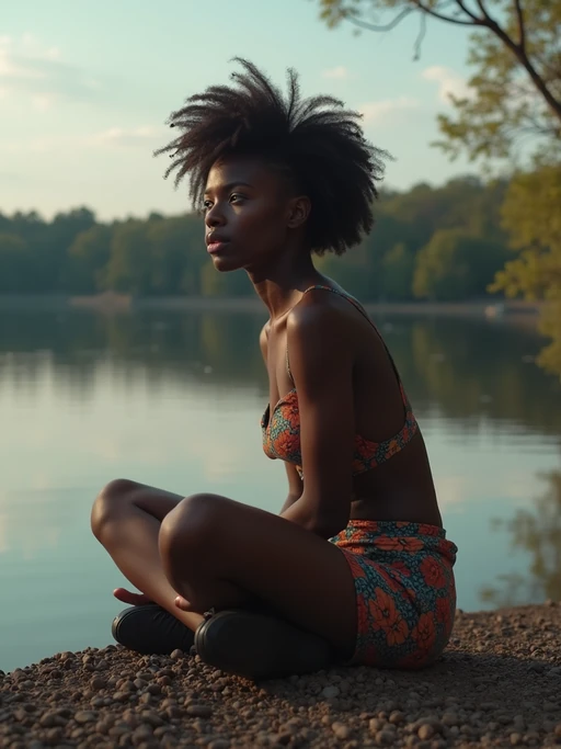 model in deep contemplation, sitting by a tranquil lake