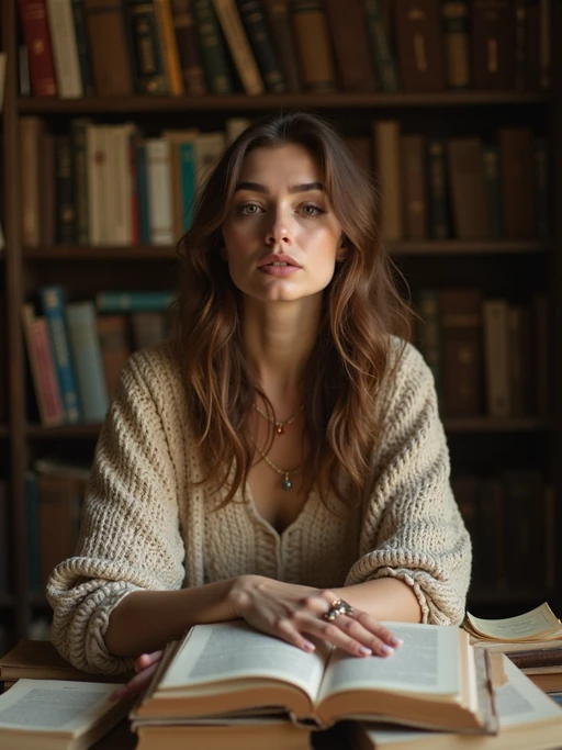 model surrounded by books or sacred texts