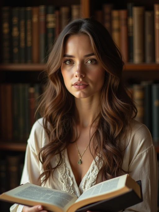 model surrounded by books or sacred texts