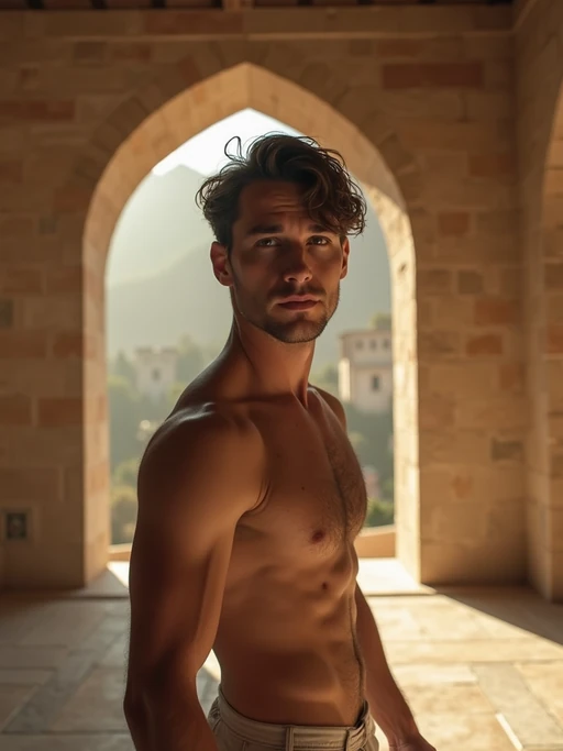 model in a serene temple or sacred space