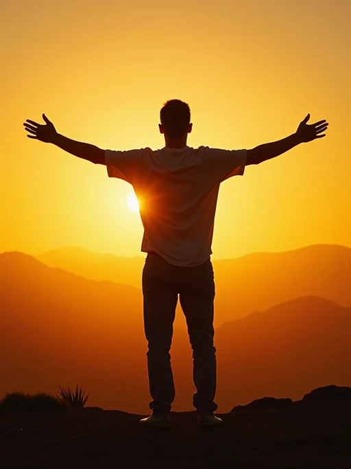 a spiritual seeker model standing with outstretched armsat sunrise